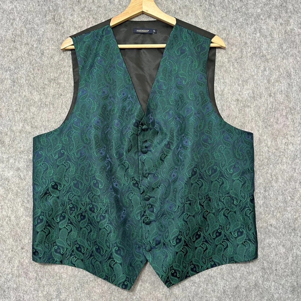 HISDERN Mens Vest XL Green Paisley Jacquard Formal Wedding Party Waistcoat